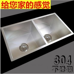厨房不锈钢水槽SUS304双槽 双盆加厚拉丝洗碗盆 直角手工台下盆
