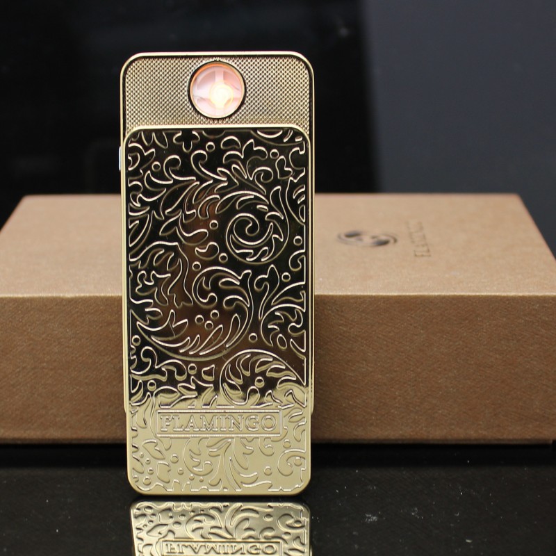 网络爆款 带安全锁飞行模式金属防风USB充电打火机金色唐草图定制