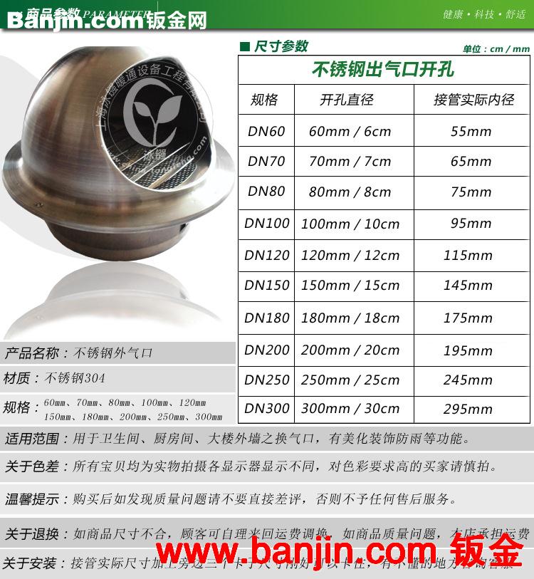 不锈钢外气口 出风口 防雨球形风帽 带防虫网 100mm(加厚型）